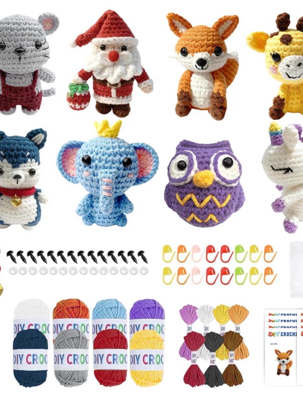 DIY Crochet 8-Piece Kit with Yarn and Instructions for Multiple Figures